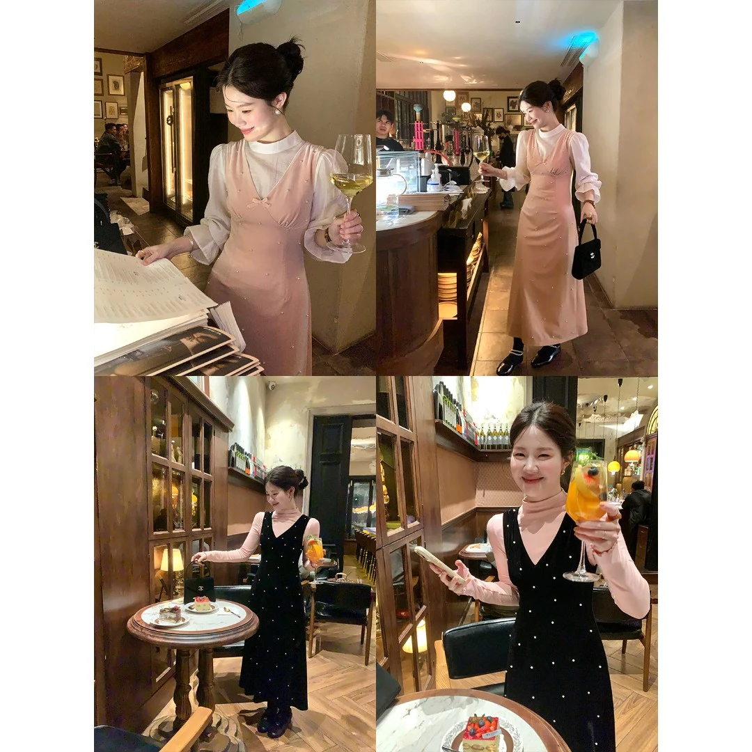 火【珍珠璀璨】韩系秋冬都市硬核穿搭v领珍珠丝绒连衣裙L38659HH53