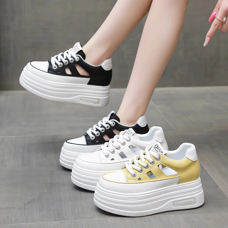 女士增高8CM小白鞋2025春夏季新款厚底百搭松糕鞋单网透气休闲鞋