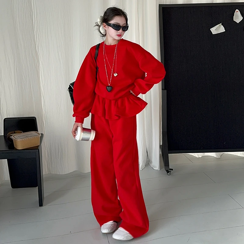 女童2025春秋新款圆领套头长袖卫衣+荷叶边拼接卫裤休闲套装网红