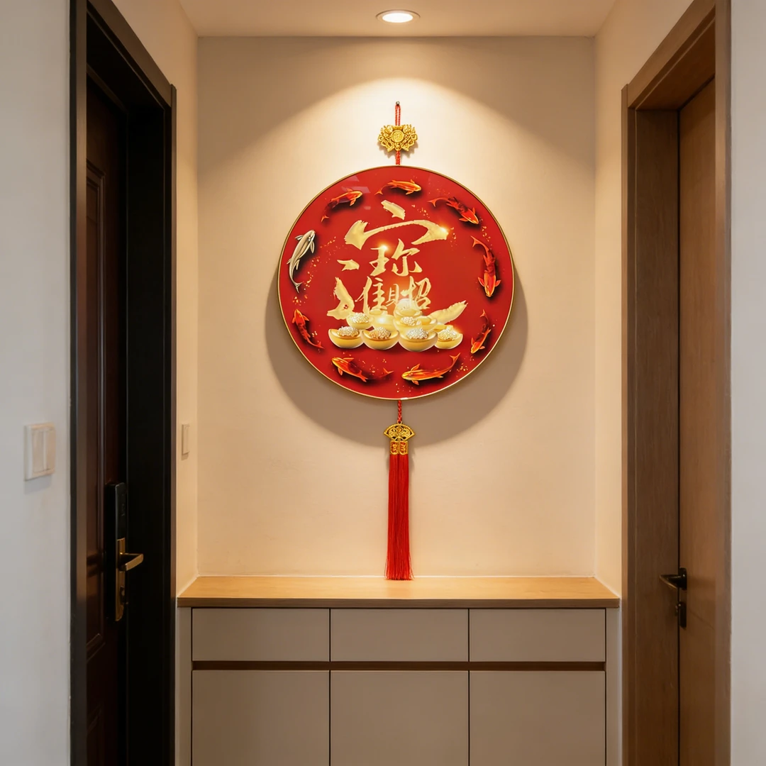 L进宝中式玄关装饰画圆形福字挂画客厅入门走廊过年喜庆壁画H10