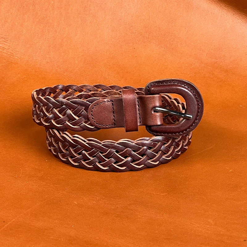 啸狼皮具手工头层牛皮女士皮带复古包扣编织带真皮百搭裤腰带