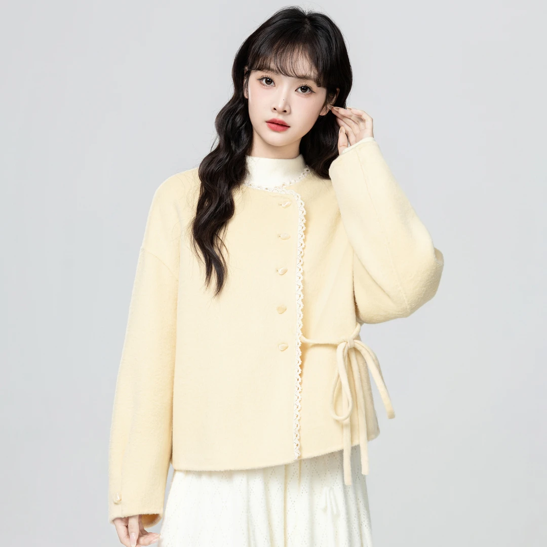鹅黄色双面绒大衣女秋冬2025秋季新款花边拼接毛呢外套短款上衣