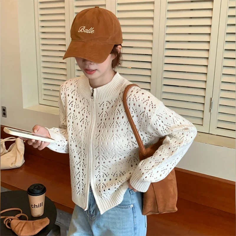 早秋穿搭新款宽松镂空钩花拉链针织开衫女时尚设计感百搭上衣女