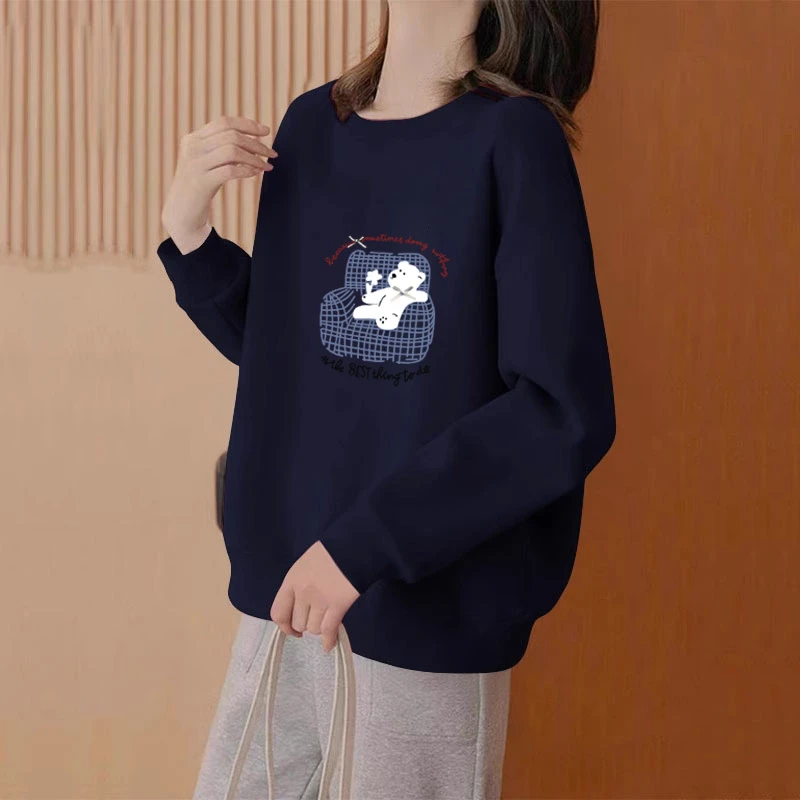 宝蓝色圆领套头宽松印花卫衣女秋冬加厚休闲设计感薄款上衣外套潮