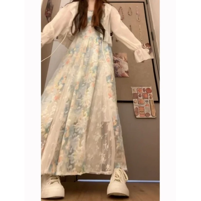 法式甜美莫奈花园氛围感蕾丝拼接吊带裙夏日新款荷叶边开衫两件套