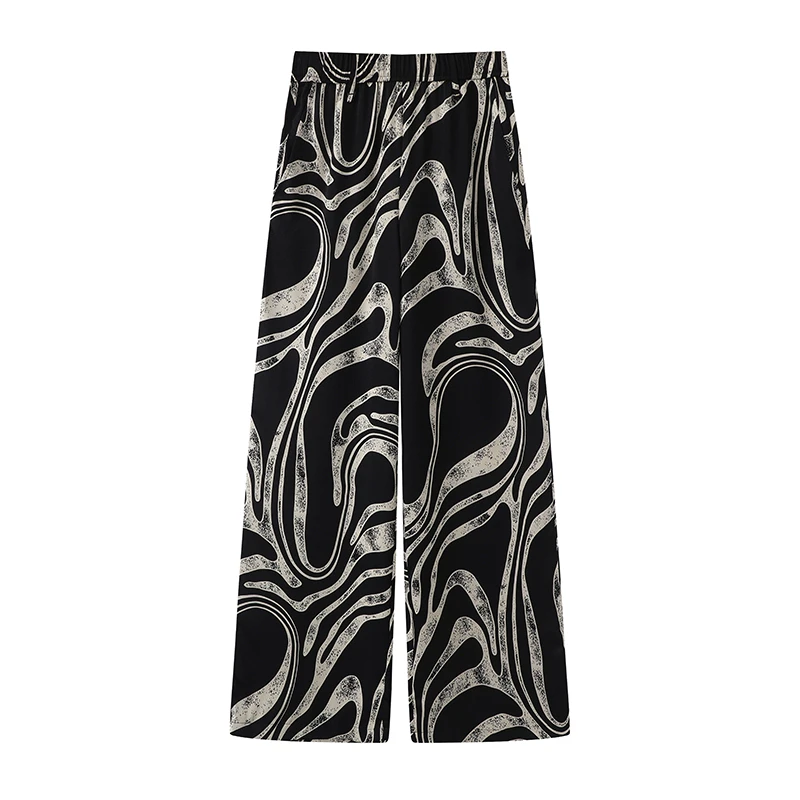 艾家夏季新款休闲显瘦时尚通勤风印花阔腿裤3089