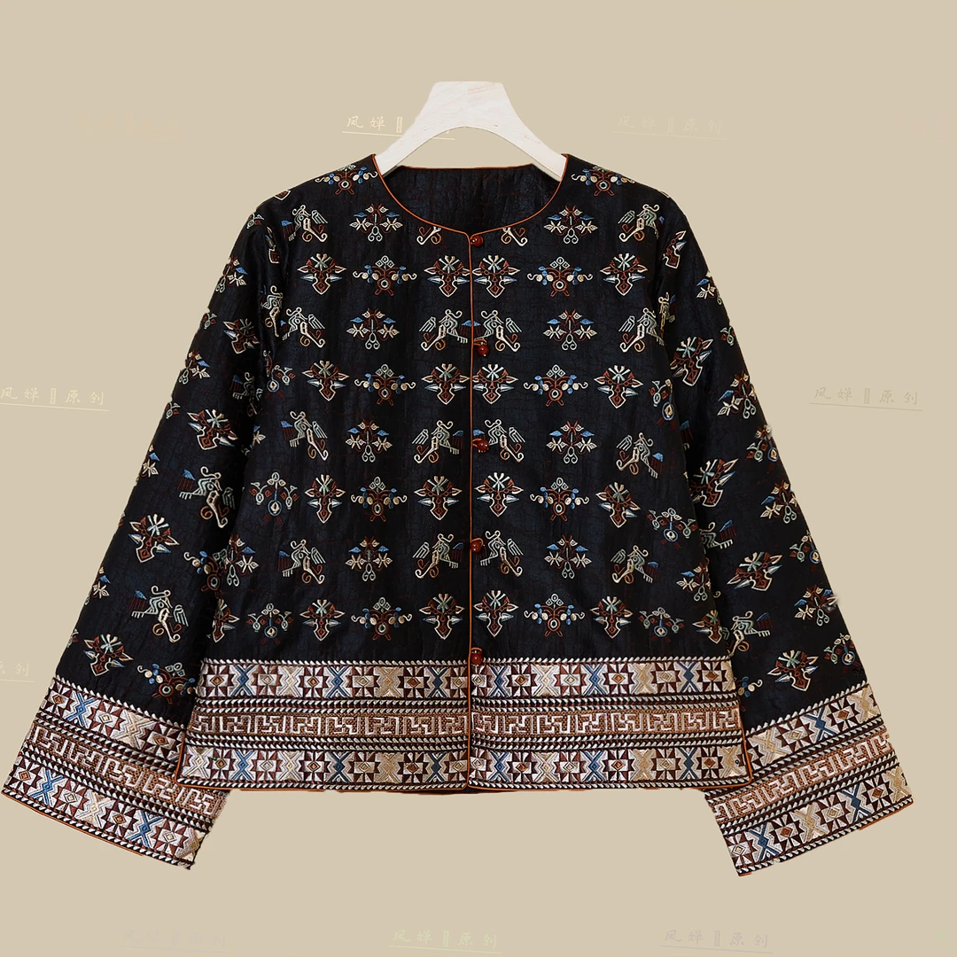 凤婵·原创 凤语云裳彝绣工艺 中式国风万针刺绣时尚香云纱短外套