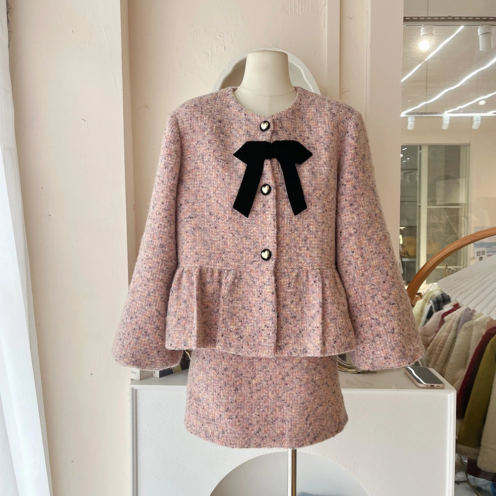 LHTE青青大码女装 秋冬甜美小香风粉色夹羽绒外套短裙套装T5470