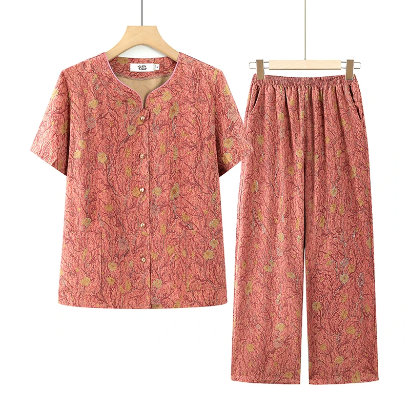 奶奶夏装短袖衬衫中老年人女套装老太太上衣服碎花洋气宽松两件套