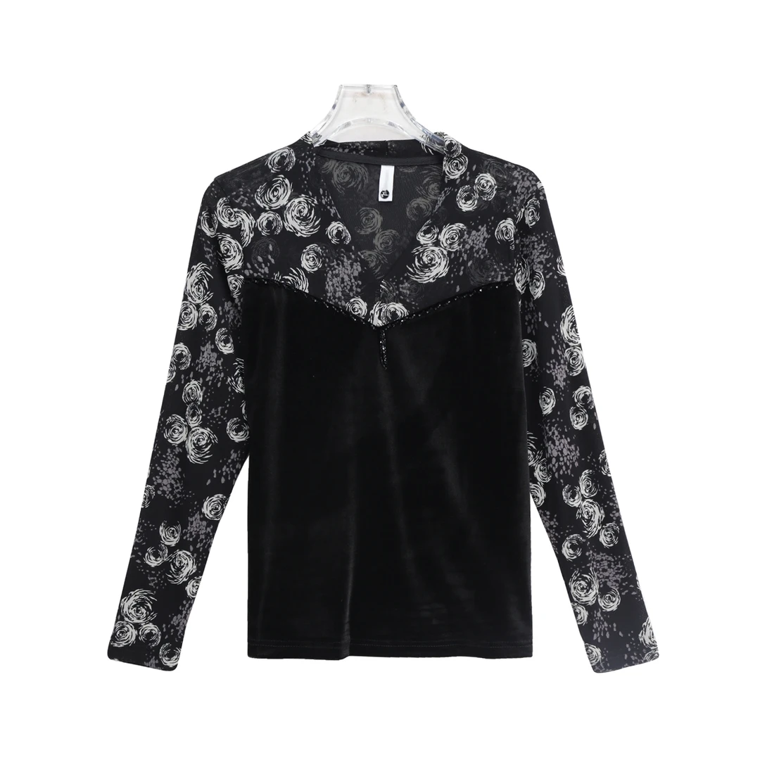 轻奢V领拼接烫钻设计感显瘦小众长袖T恤X27200