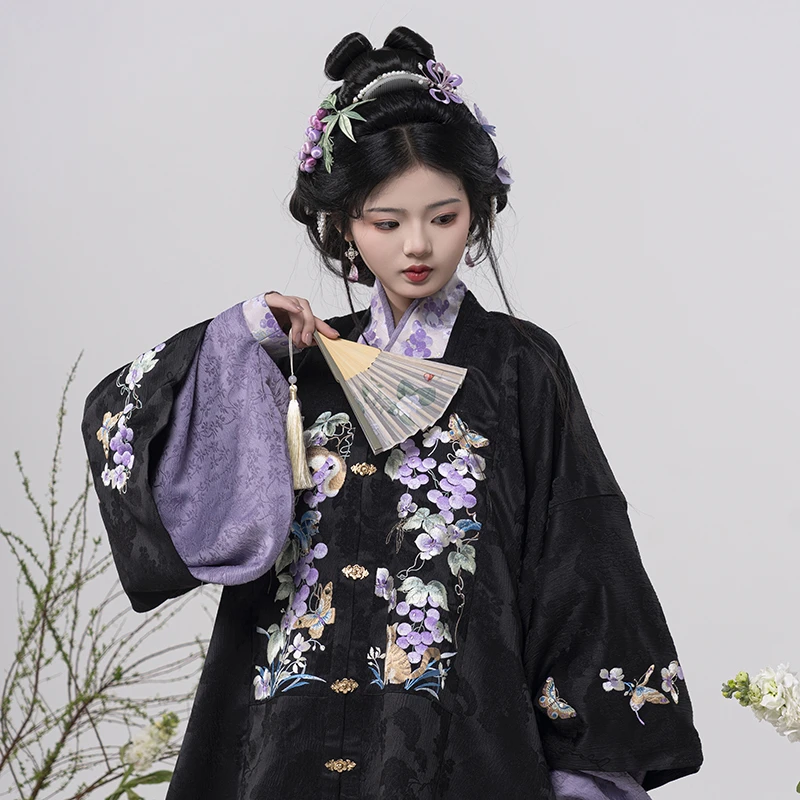 初潋月汉服葡萄绣花方领补服短袄暗纹提花缎绣花补服春款