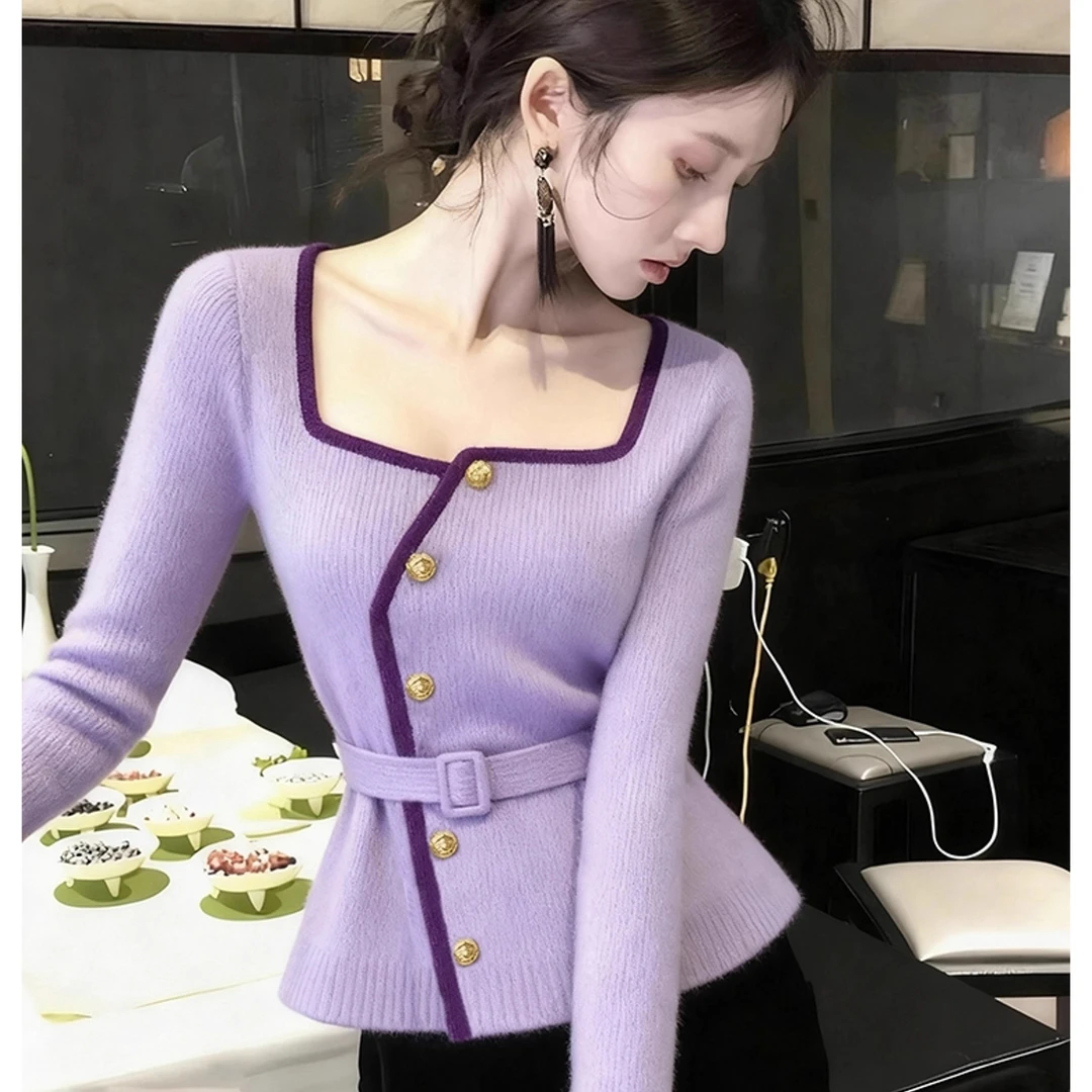 小香风紫色方领针织衫女2025冬季轻熟气质名媛软糯慵懒风掐腰毛衣