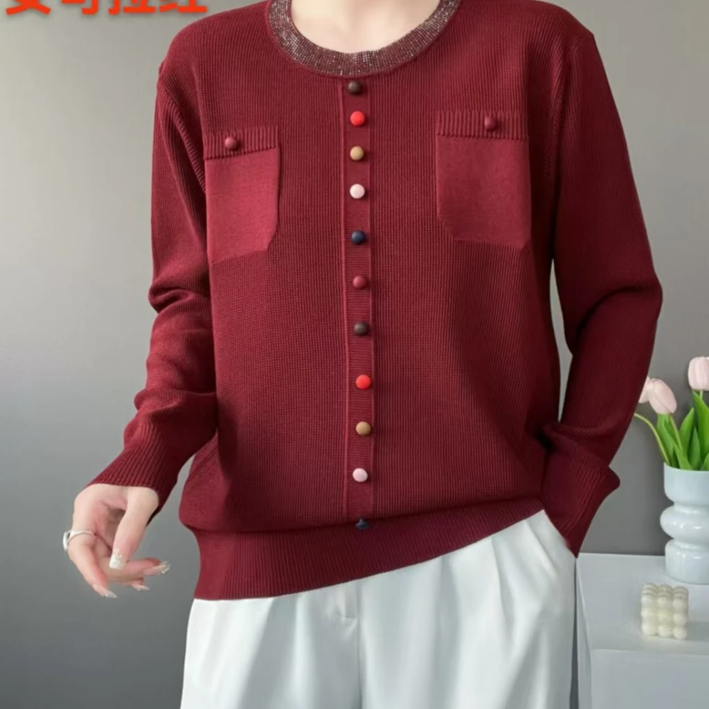中老年妈妈装圆领假开衫彩扣小香风针织打底衫605