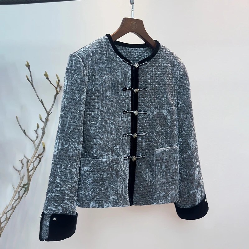 拉贝碧 新中式100%桑 蚕 丝小香风丝绒短款外套长袖时尚休闲复古