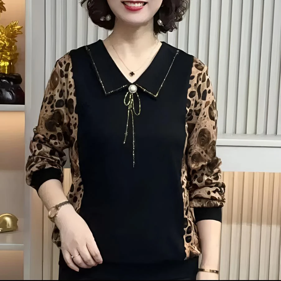 妈妈装洋气拼接烫钻长袖上衣2025秋新款宽松休闲中老年遮肉小衫女