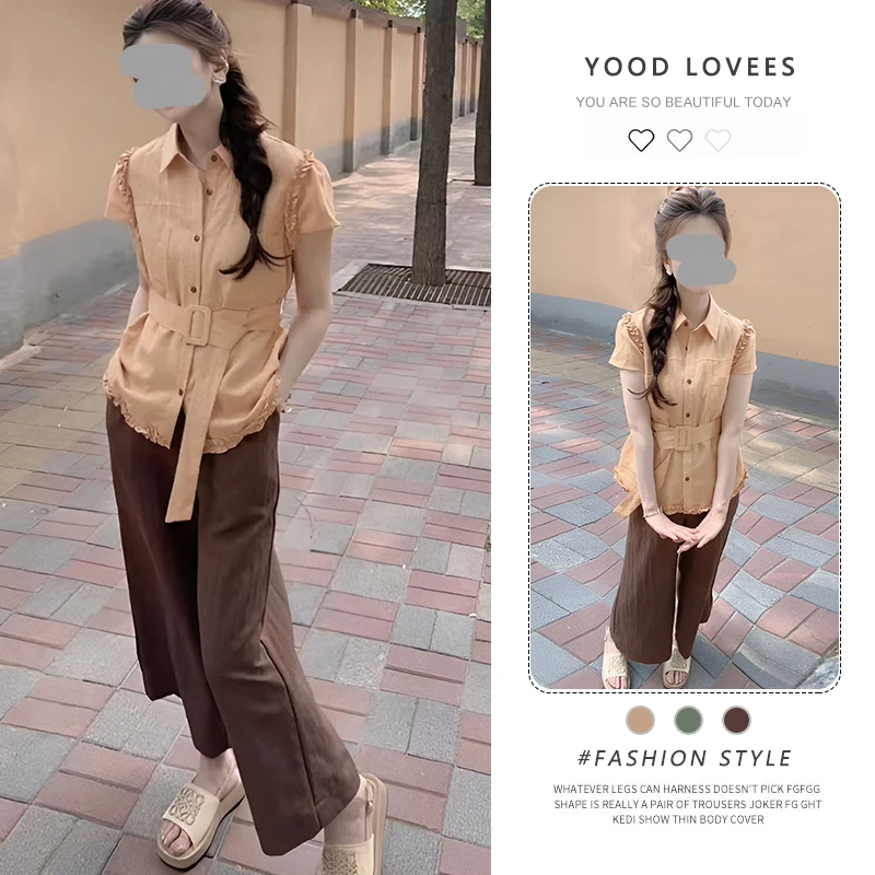 简约短袖衬衫女夏2025新款小个子设计感休闲裤高腰显瘦直筒裤套装