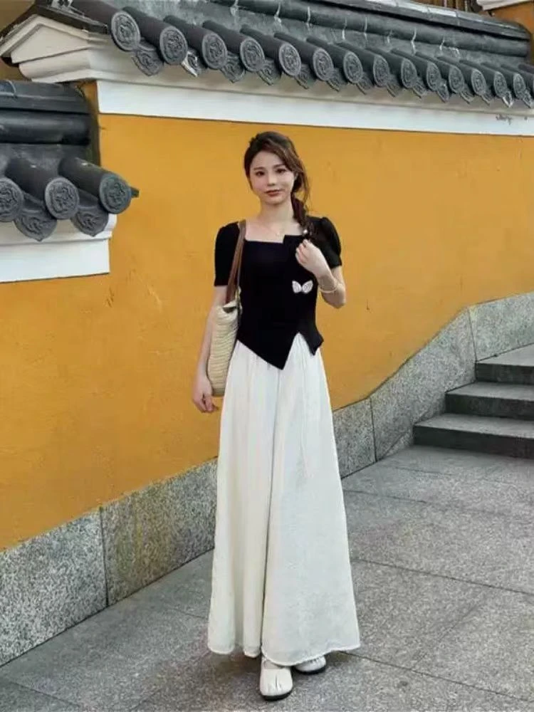 休闲风简约通勤仙女风时尚套装小众收腰方领长裙法式