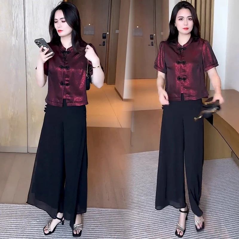 时尚洋气套装女2025夏季新款新中式盘扣显瘦短袖上衣阔腿裤两件套