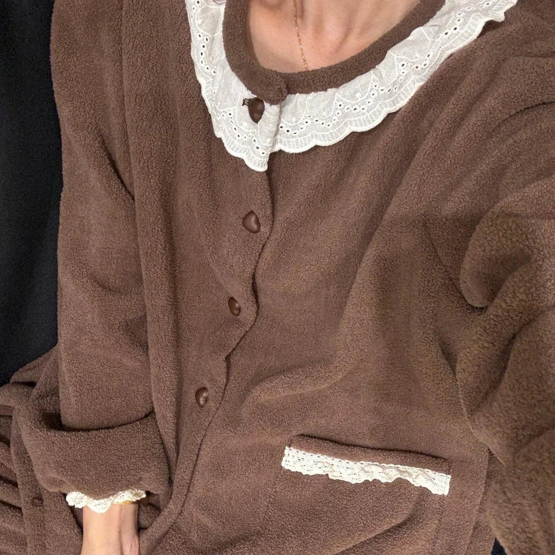 2223花边爱心扣字加厚加绒保暖可外穿家居服套装（衣长60裤长93）