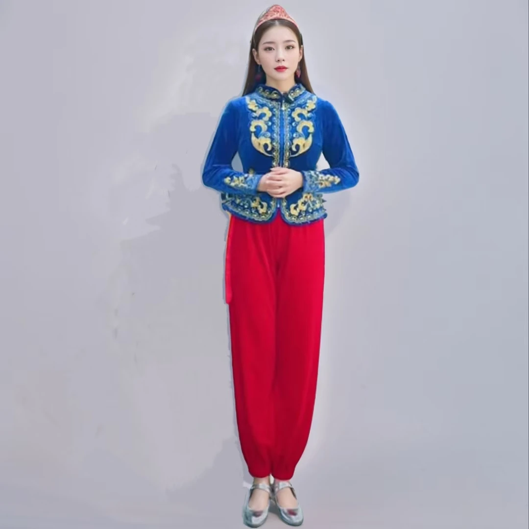 新疆舞蹈服金丝绒黑色女款长袖上衣绣花维吾族民族服秋冬款