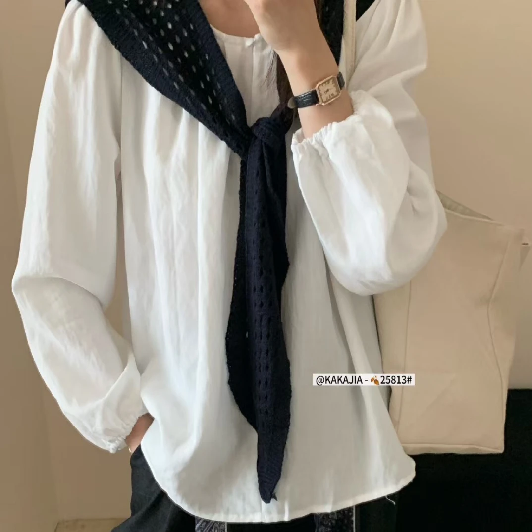 时尚百搭简约宽松圆领长袖配披肩衬衫女款秋季新款