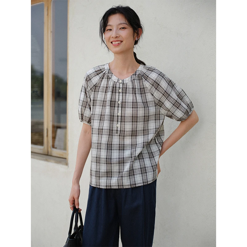 素典【胶片方格】复古气质韩系格纹夏季衬衫宽松圆领女士上衣1986