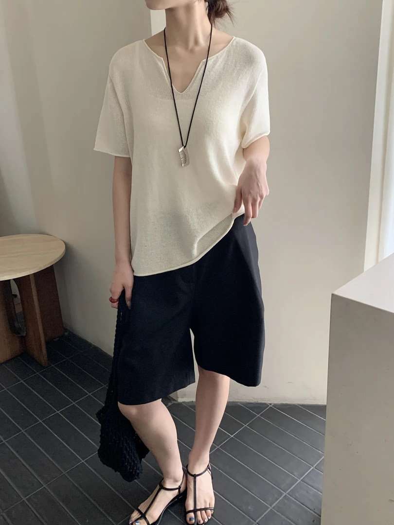 【DUODUO 979921】和纸纱V领针织T恤夏季新款女休闲显瘦慵懒针织衫