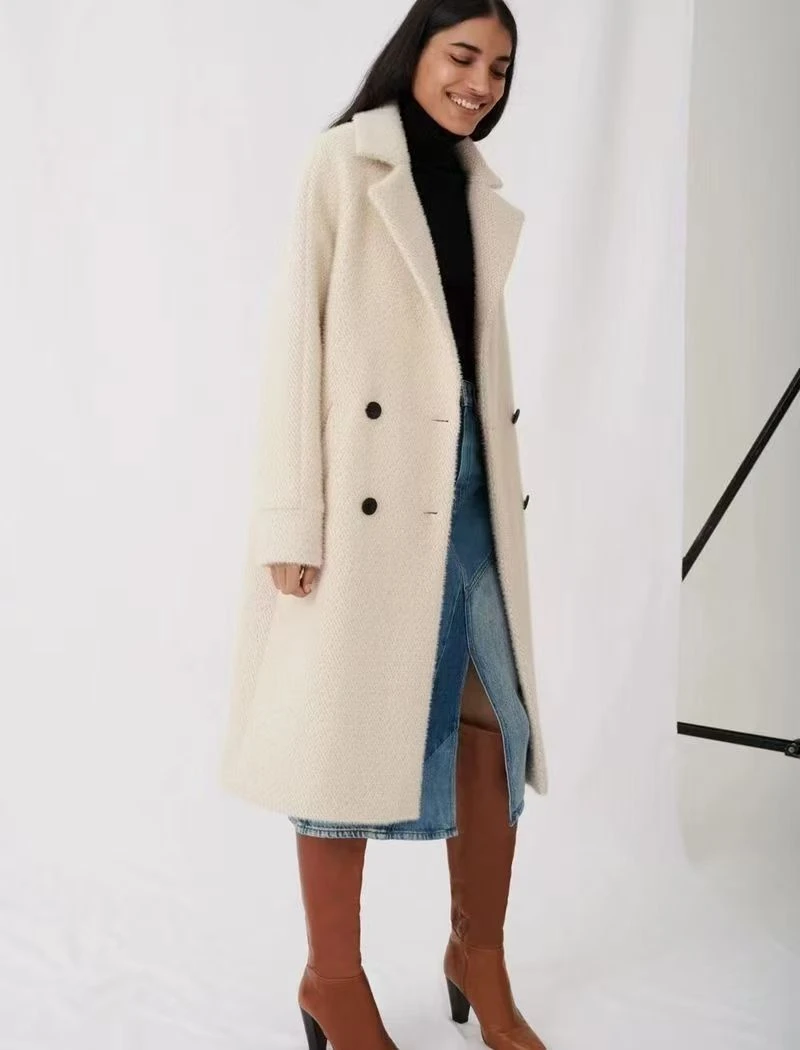 法式平驳领九分袖双排扣大衣