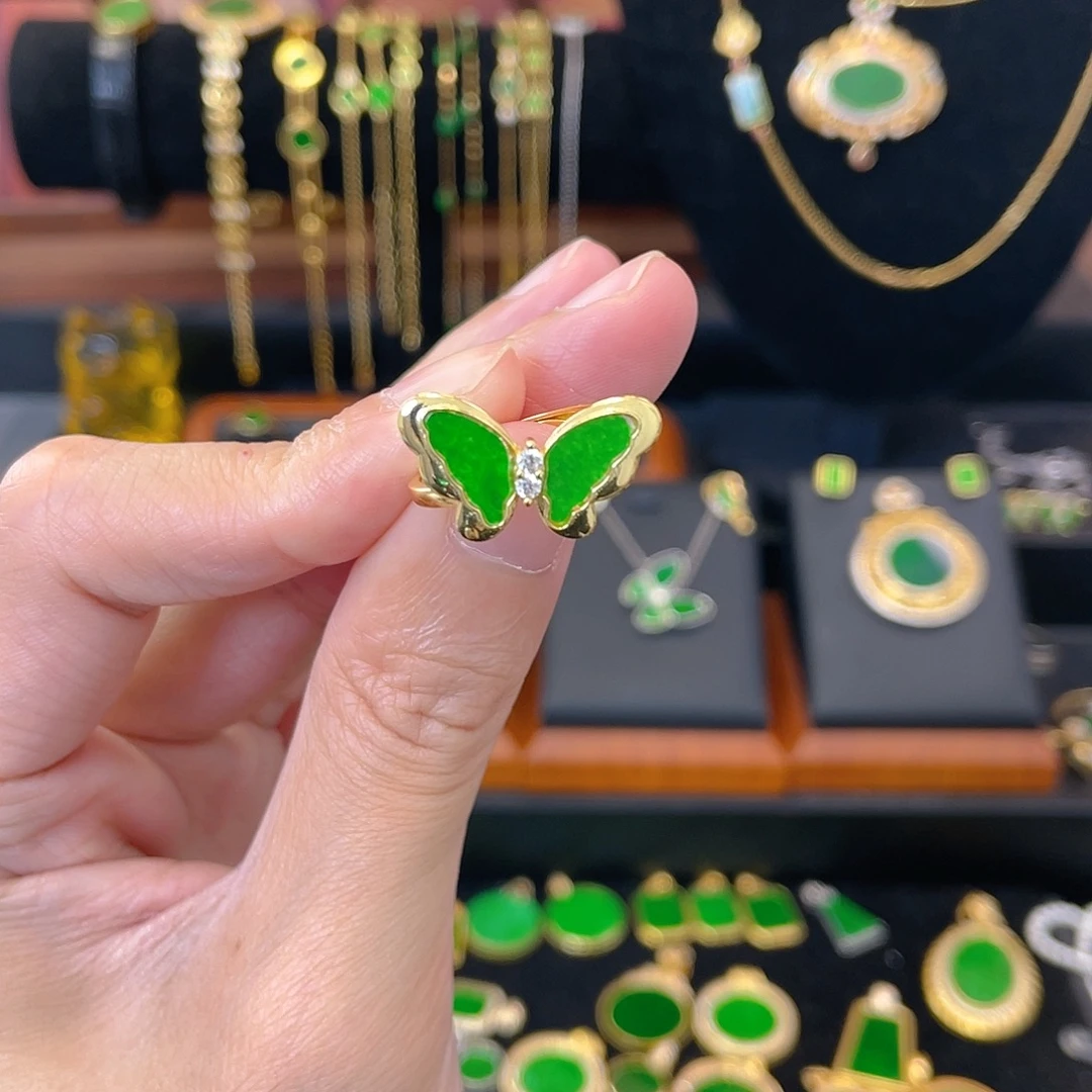 翡翠银S925镀金镶嵌戒指微瑕特价