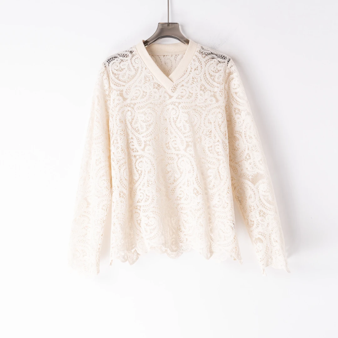 PS241224新款气质长袖时尚百搭镂空薄款宽松蕾丝衫打底衫性感