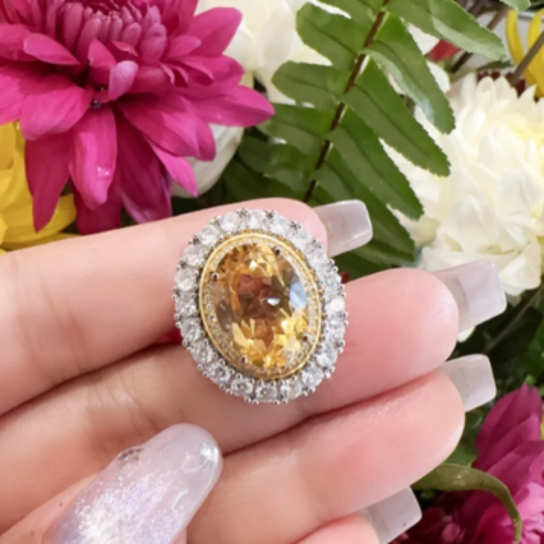 天然黄晶戒指925银镶椭圆