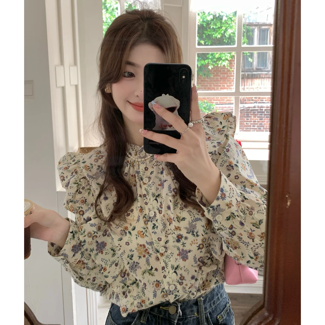 设计感小众碎花长袖衬衫新款法式甜美女装衬衣宽松上衣气质显瘦