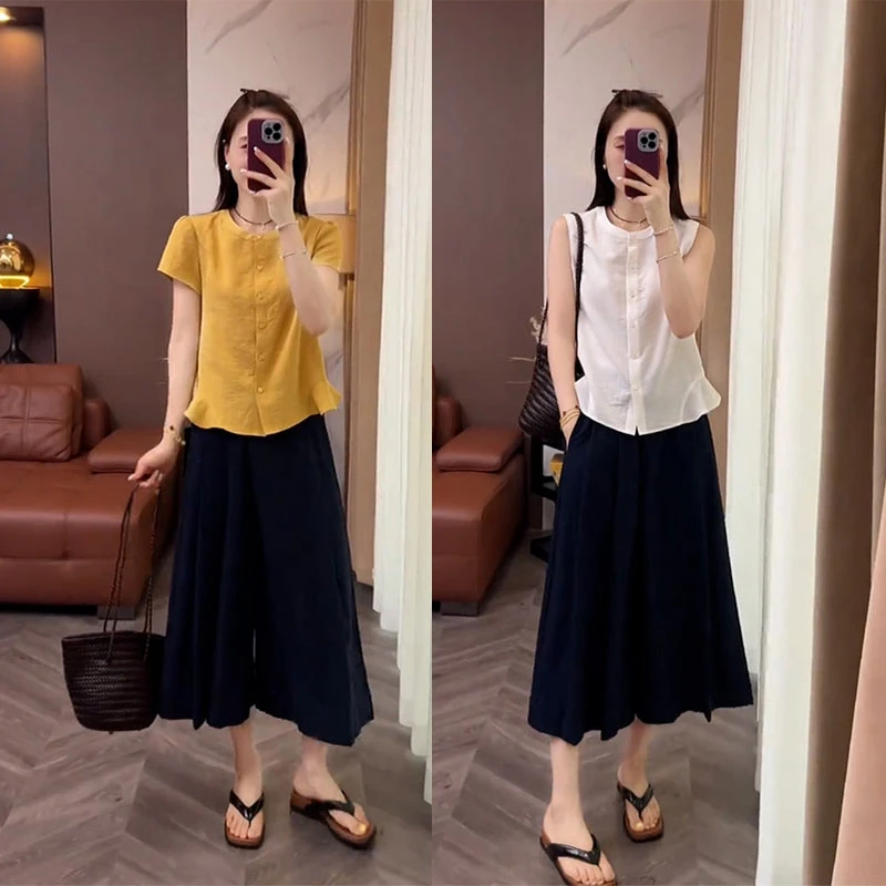 2025夏装搭配一整套时尚轻熟风气质圆领短袖衬衫休闲阔腿裤两件套