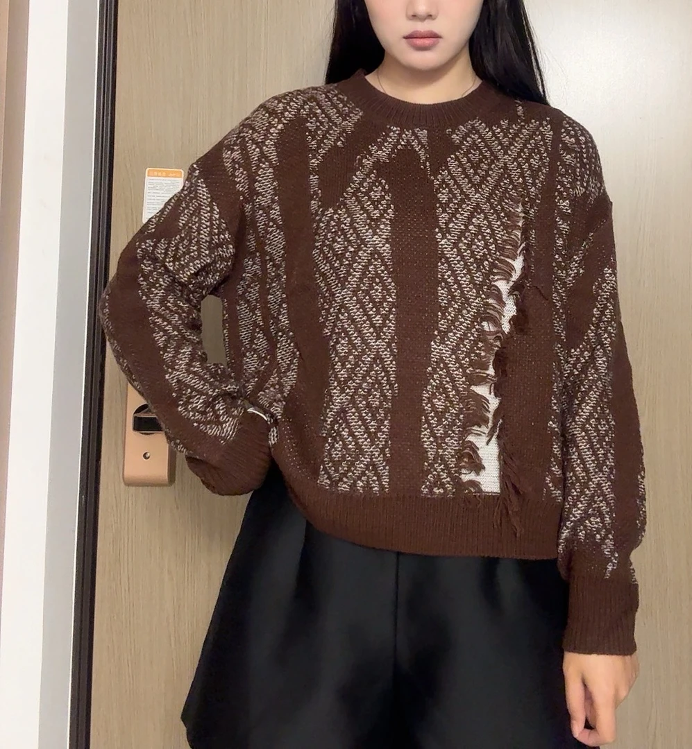 圆领插肩袖针织宽松款女做旧复古风提花毛衣休闲韩版套头