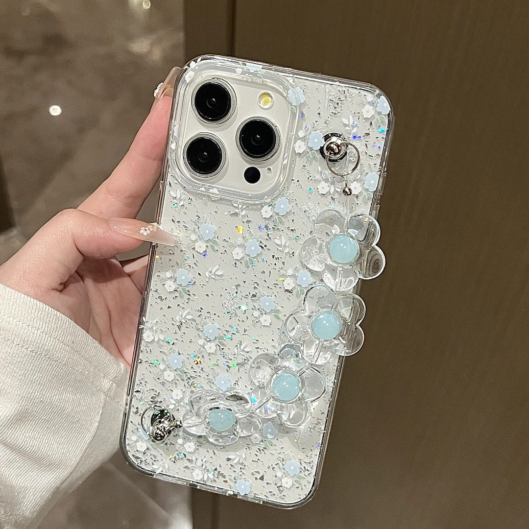 白蓝碎花闪粉适用苹果16promax手机壳iphone15防摔14春日11韩系13