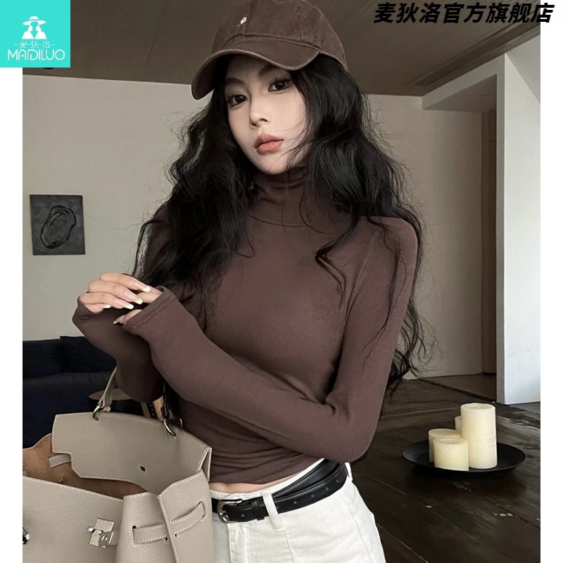 高领咖色打底衫女秋冬季高级感螺纹紧身长袖恤磨毛保暖内搭上衣