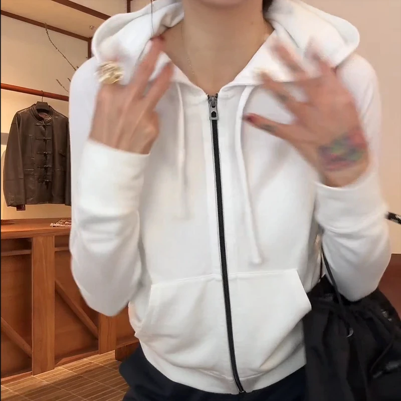 2025春季简约撞色拉链连帽卫衣外套女春秋长袖白色上衣带帽韩版