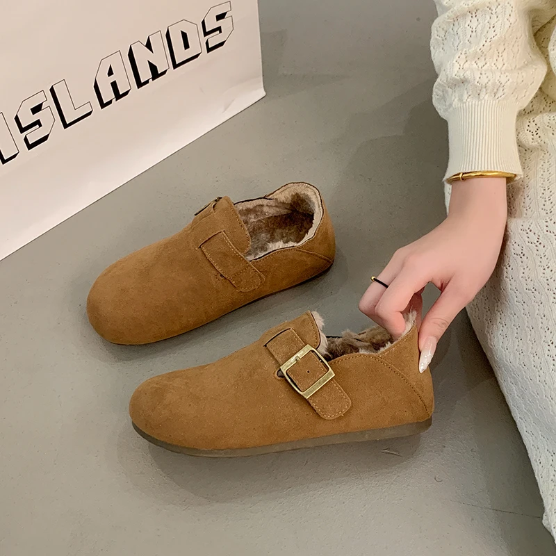 加绒厚底复古勃肯鞋女冬2025新款一脚蹬棉鞋保暖毛毛鞋42大码女鞋