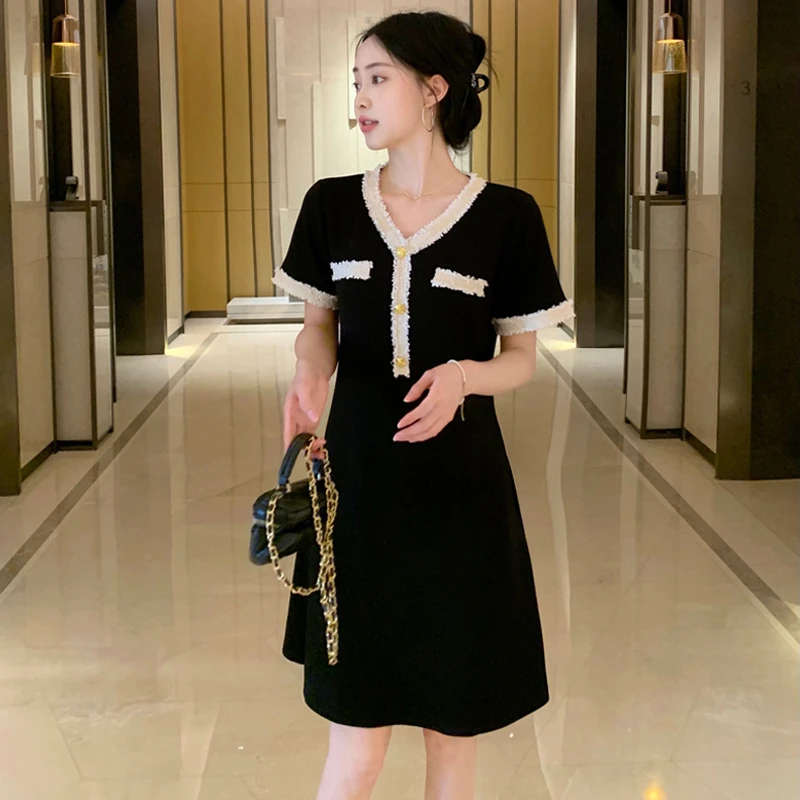 2025夏装法式气质小香风连衣裙V领显瘦遮肚短袖A字裙866