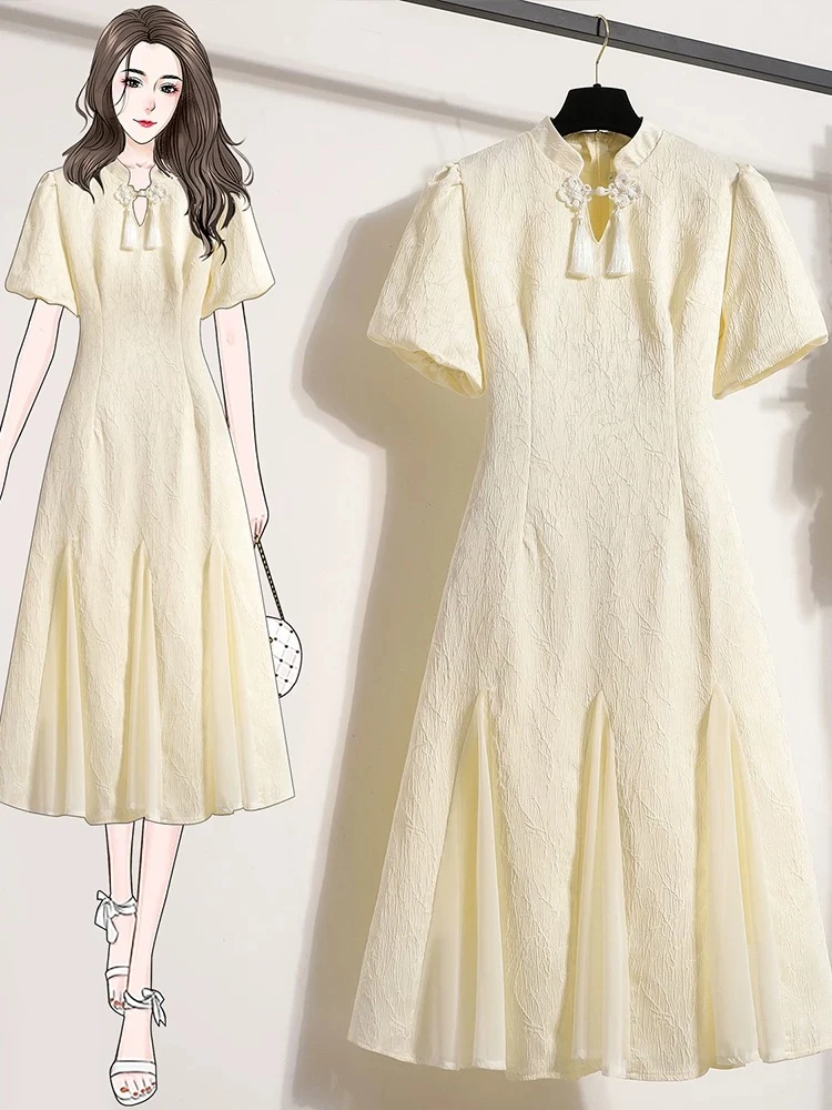 【801~999】长裙短袖高腰泡泡袖中长裙圆领大码连衣裙成人夏季