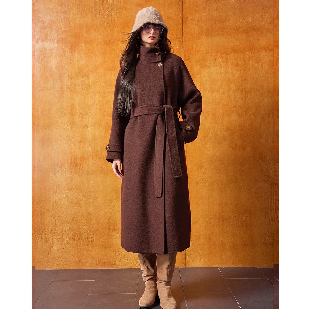双11【盛都】立领双面羊毛大衣女系带中长款收腰过膝毛呢外套秋冬装