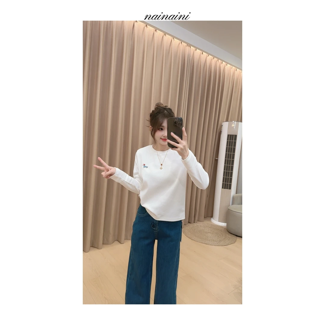 奈奈妮【留白法则】长袖T恤女2025小个子秋季新款腊肠狗百搭6215