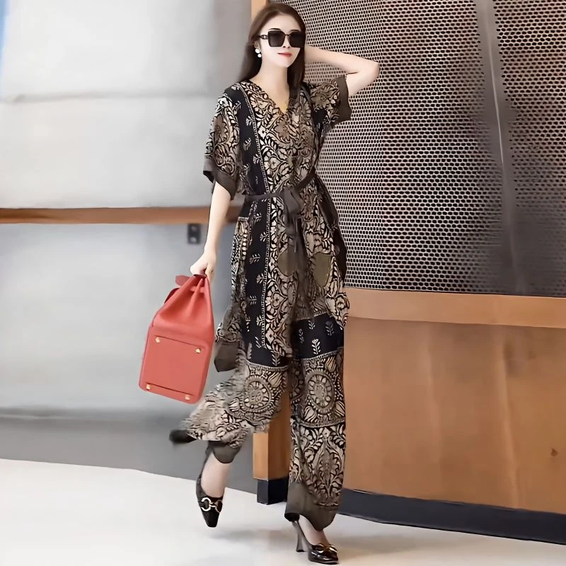 [夏]重磅含丝夏季新款v领短袖阔腿裤时尚套装宽松大码两件