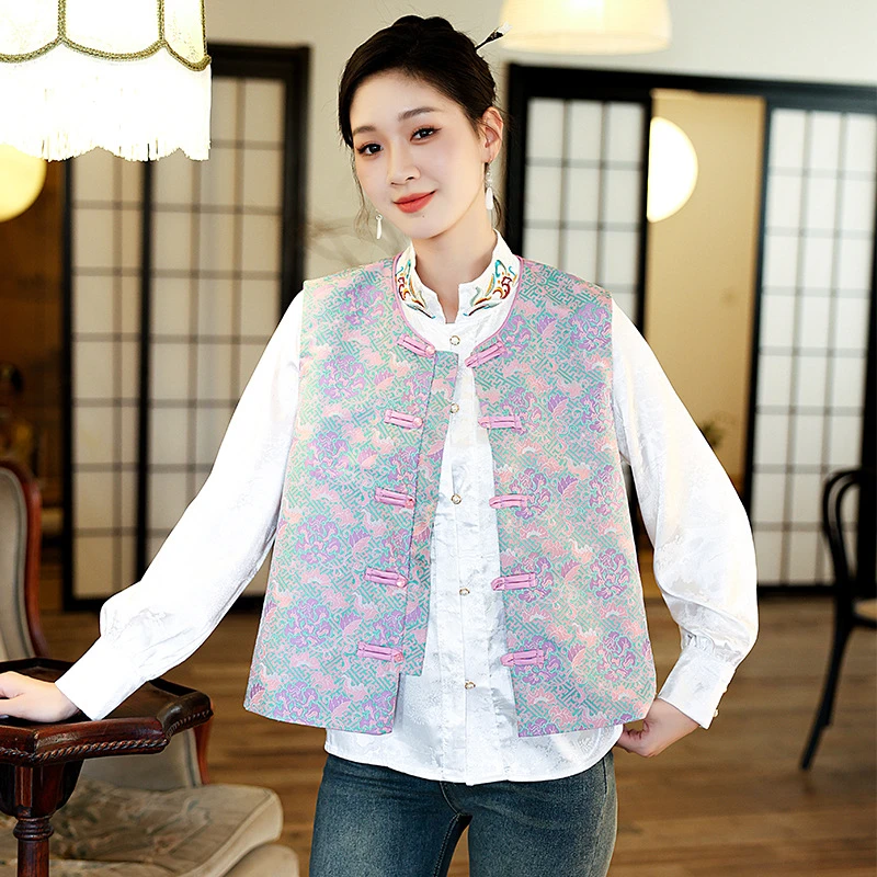 新中式提花唐装马甲背心女2024秋冬新款复古国风无袖盘扣立领外套