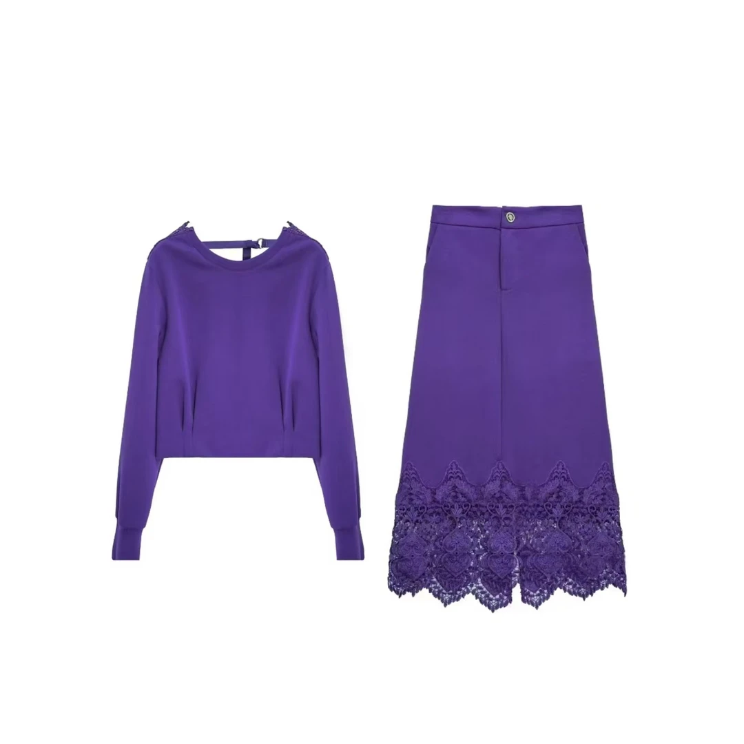 鸽子【UKKUSTUDIO】早春网红修身葡萄紫气质显白重磅蕾丝套装313499