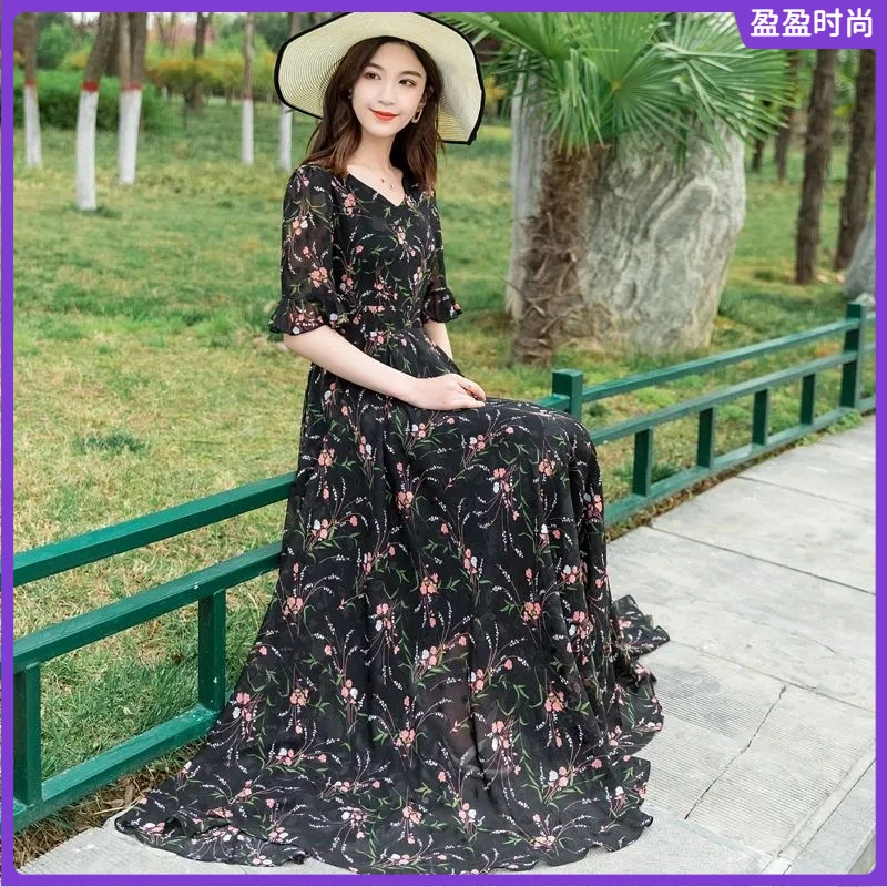 l大摆碎花连衣裙夏气质显瘦法式波西米长裙妈妈装沙滩裙长裙I
