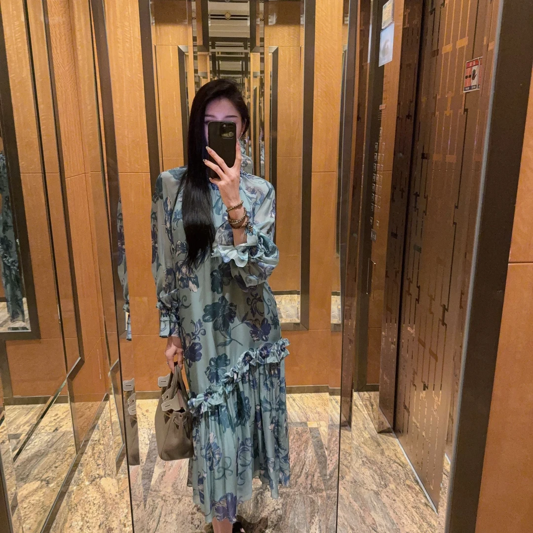 【清风】2025春夏法式设计师新款桑蚕丝花朵袖碎花气质连衣裙