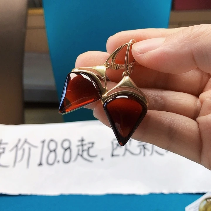 银S925镀金镶嵌琥珀耳饰波兰设计款琥珀蜜蜡