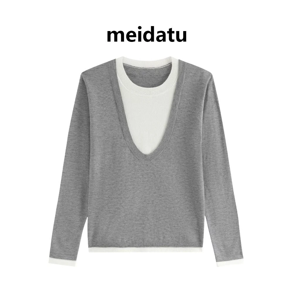 美哒兔（叠叠乐）韩系拼色假两件针织上衣（高个子版）CM670-25G