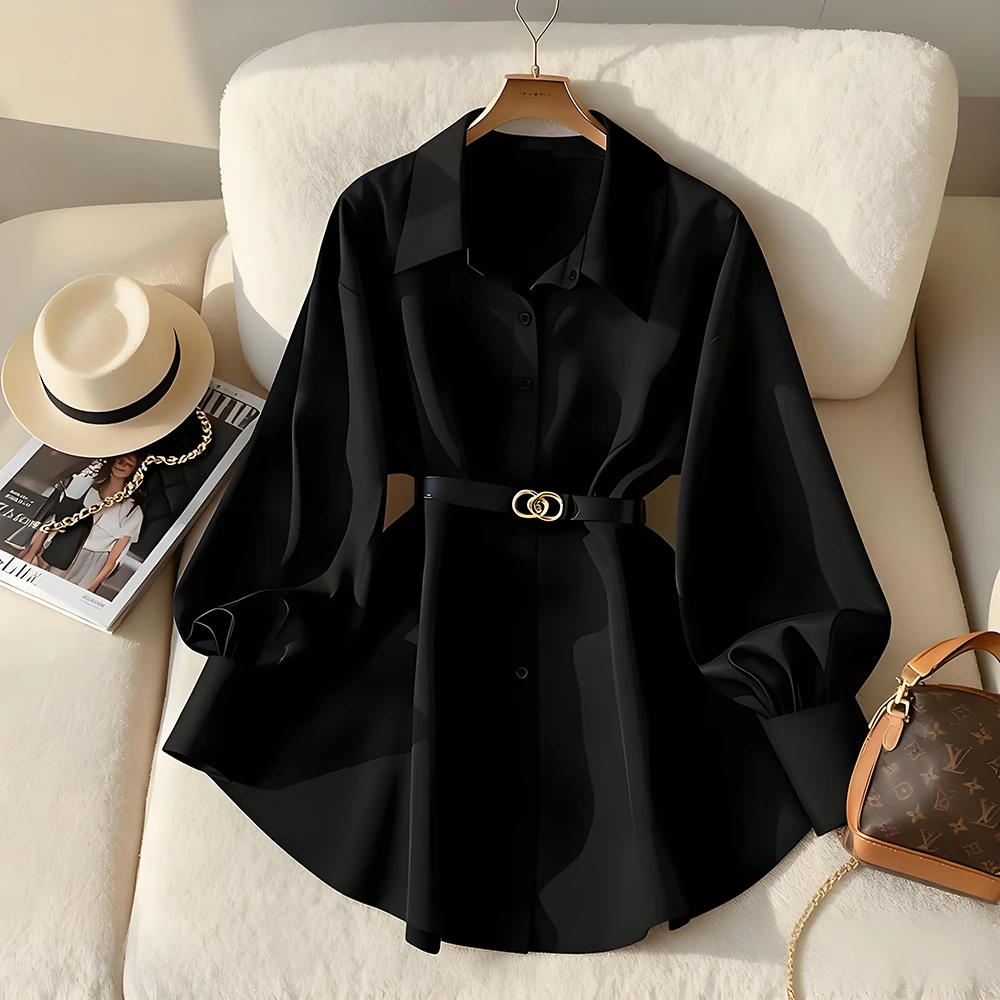 许妍同款穿搭法式高级感衬衫2025早秋新款轻奢设计感黑色显瘦上衣